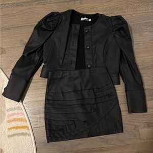 Girls Chic Black Puff Sleeve faux leather skirt & jacket suit set , 8